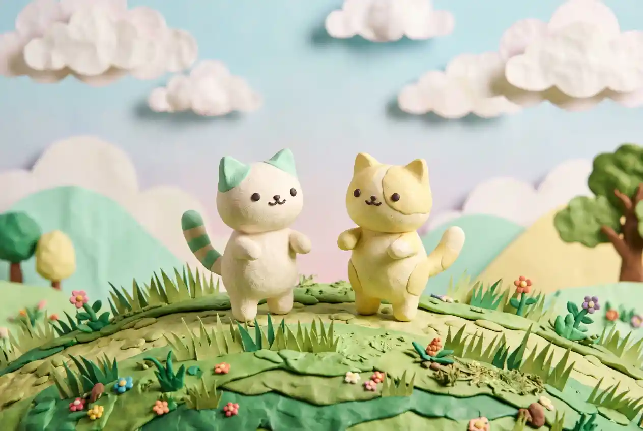 Two pastel clay cats on a dreamy grassy hill