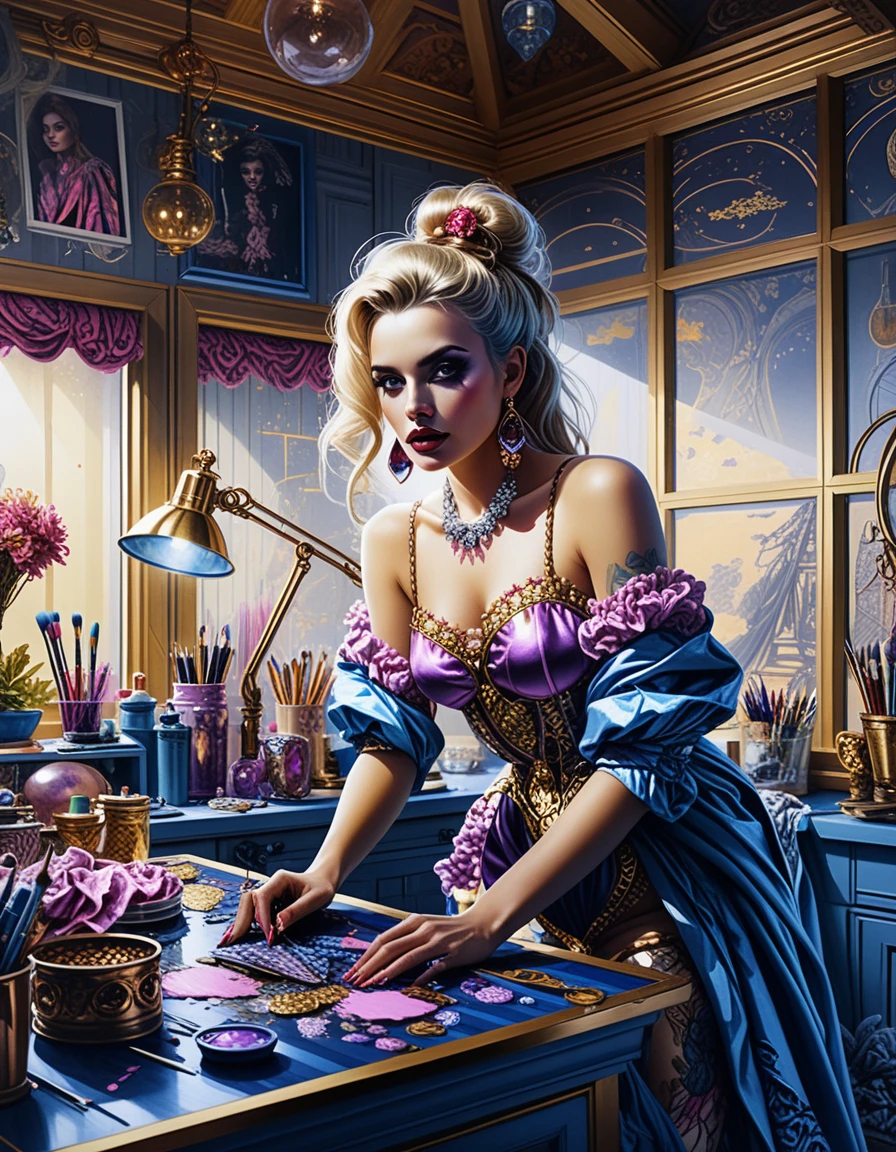 Artista loira em um estúdio de solário colorido ao amanhecer