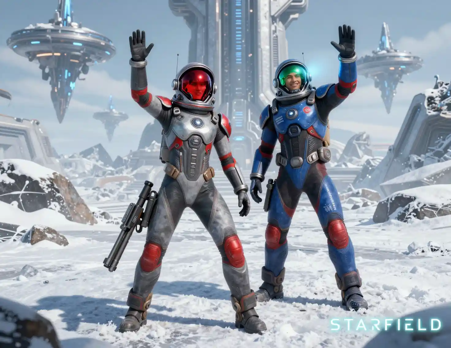 Two Astronauts Posing Happily On A Snowy Alien World