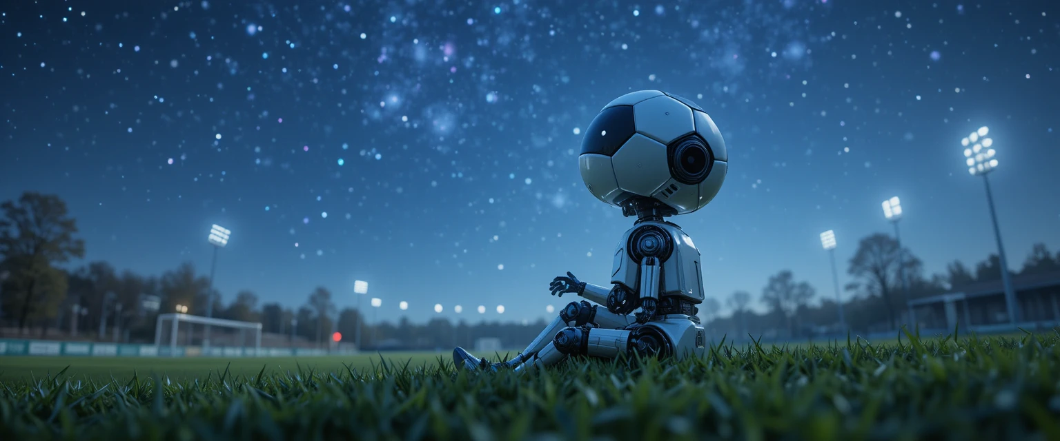 Robot con Testa a Forma di Pallone da Calcio sotto un Cielo Notturno Stellato