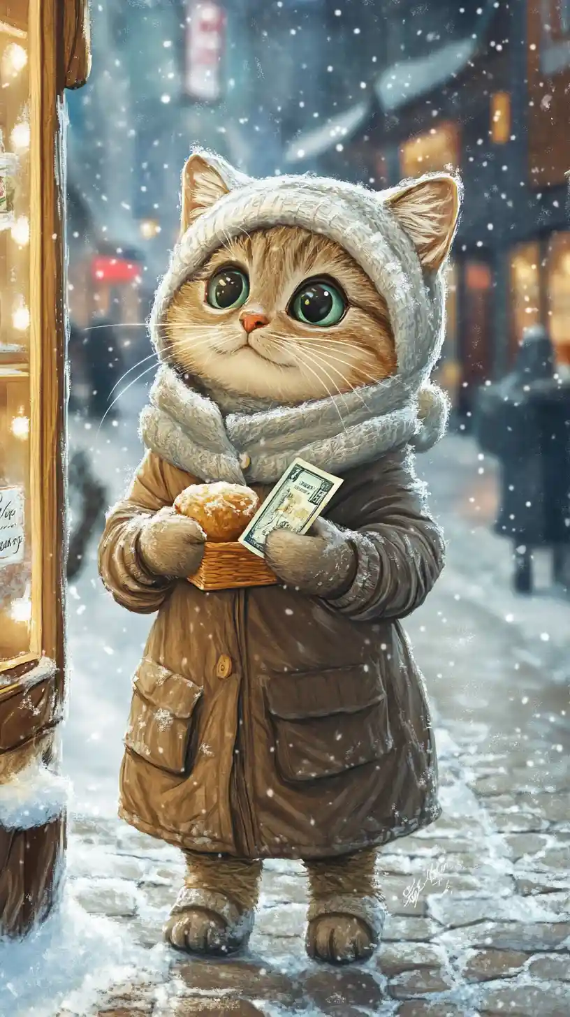 Cute kitten in winter coat buying pastry at bakery counter