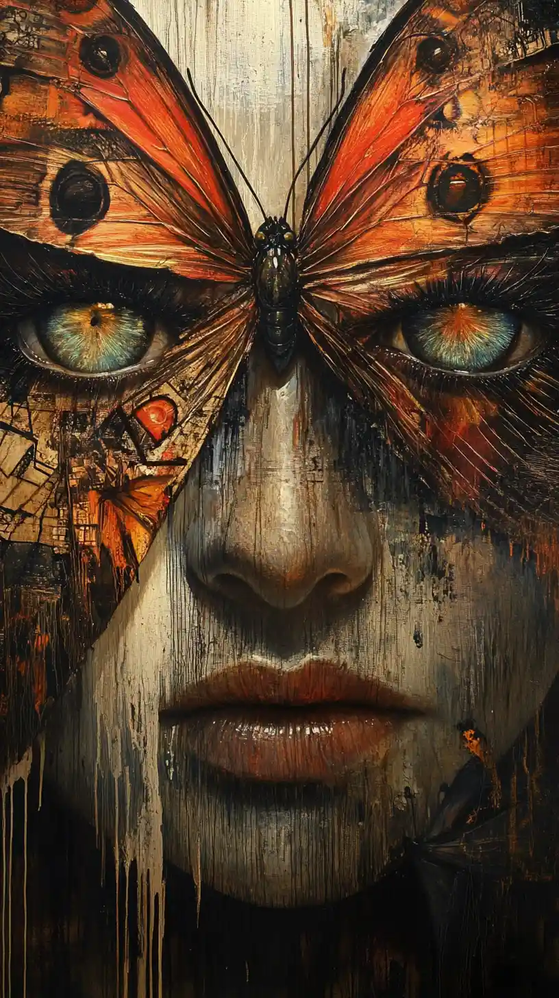 Borboleta abstrata em mídias mistas com grandes olhos reflexivos