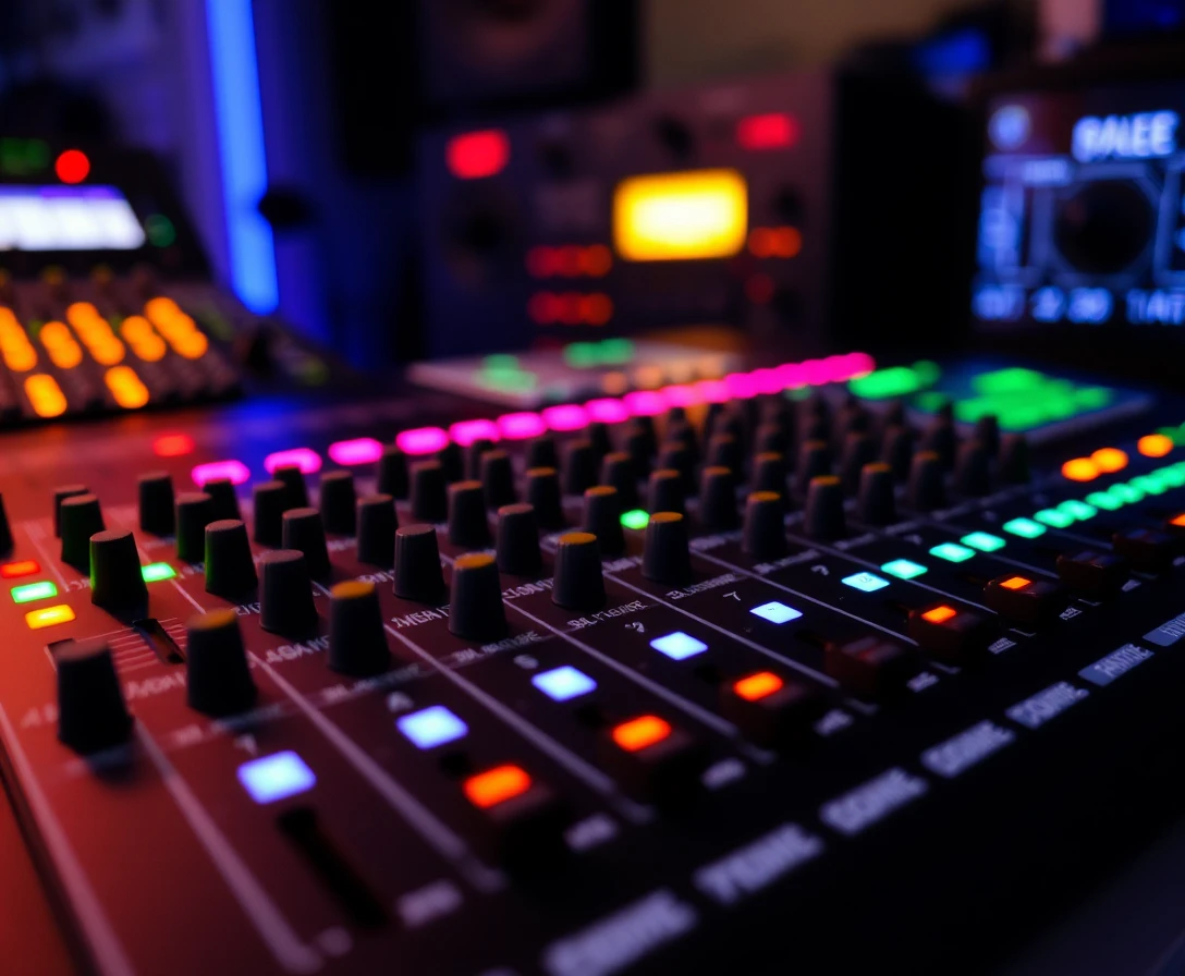 Professional audio equalizer with glowing faders and controls