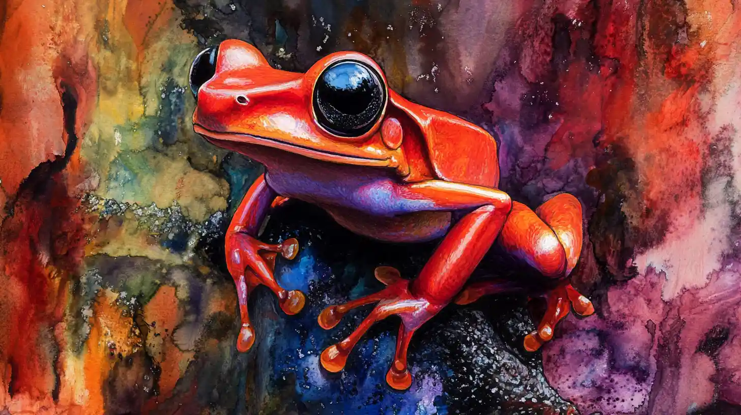 Grenouille poison en encre noire abstraite avec éclats de couleurs vives