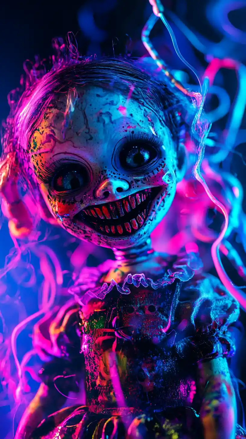 Boneca vintage distorcida brilhando na escuridão neon surreal