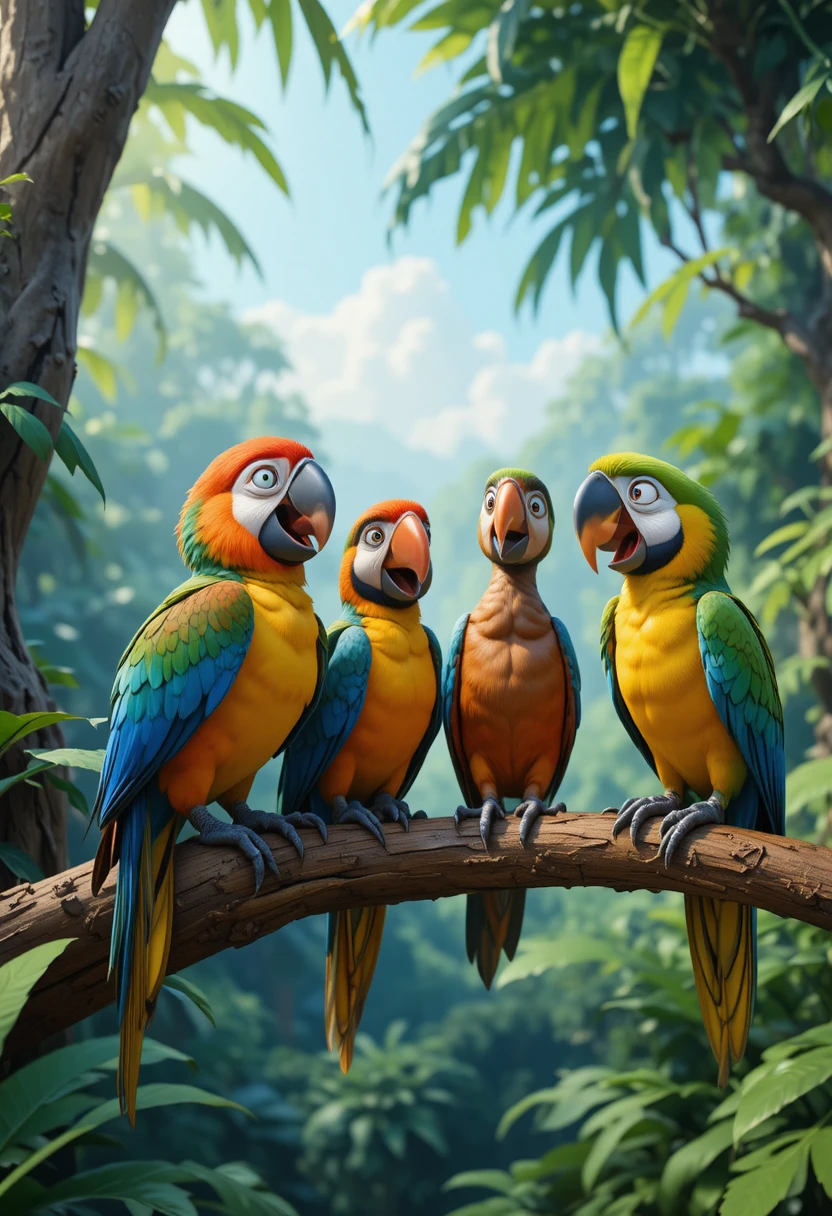 Colorful macaws chatting on tree branches in tropical forest