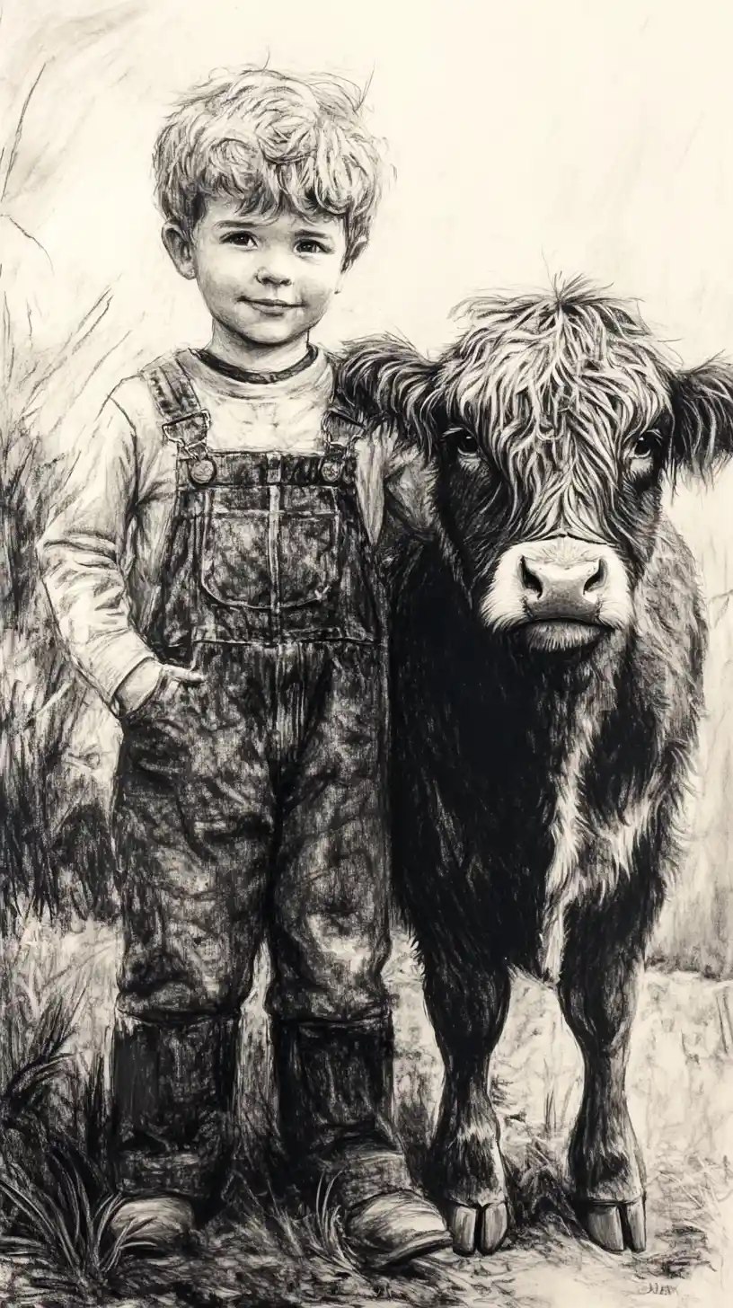 Charcoal drawing of young farmer boy with highland cow