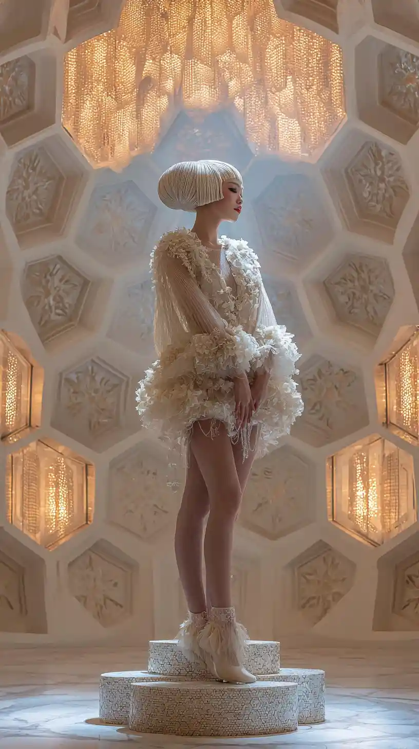 Ethereal woman in futuristic dome room with glowing lights
