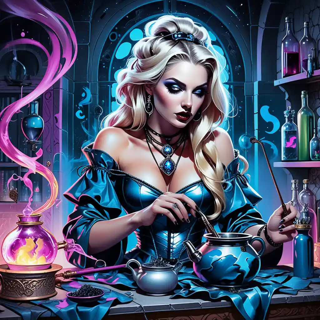 Sorcière blonde mélangeant des potions dans une boutique de magie médiévale et colorée