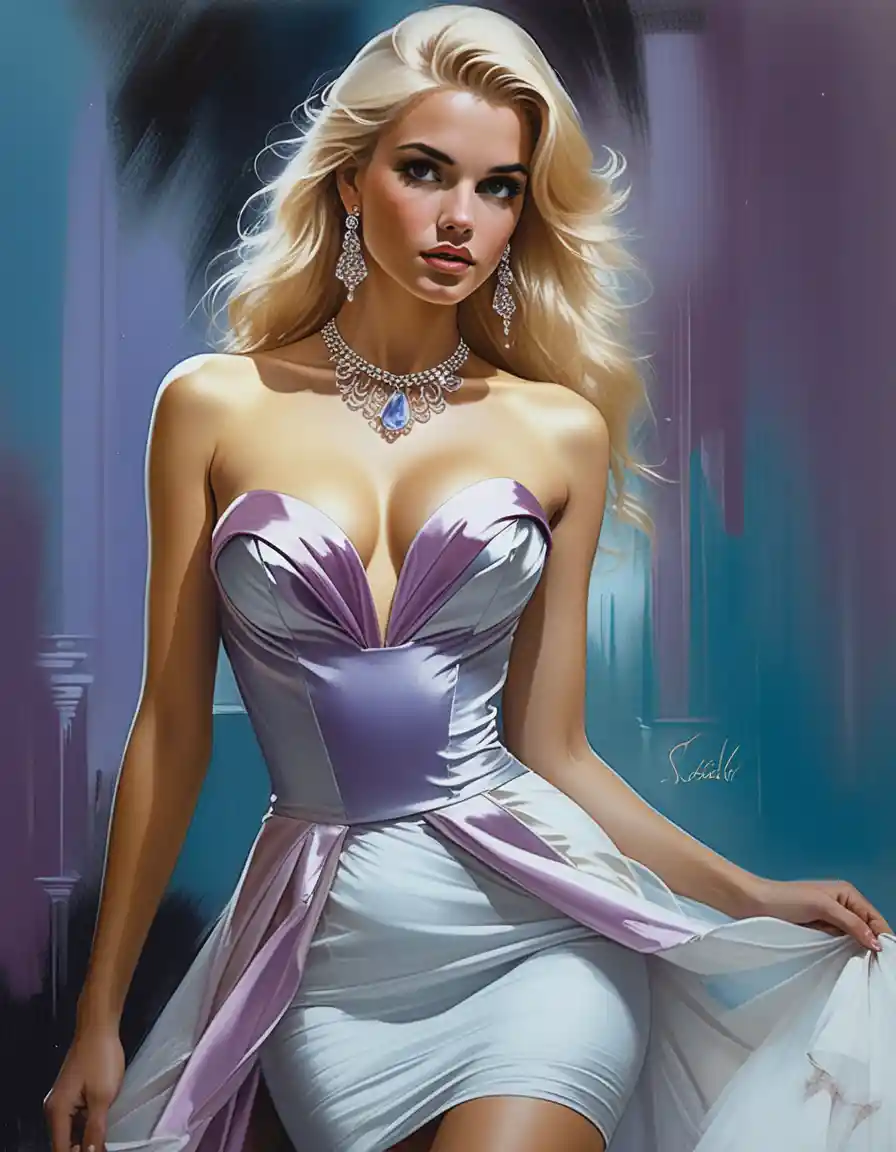 Illustration de mode d’une robe de bal haute couture dans une villa de luxe