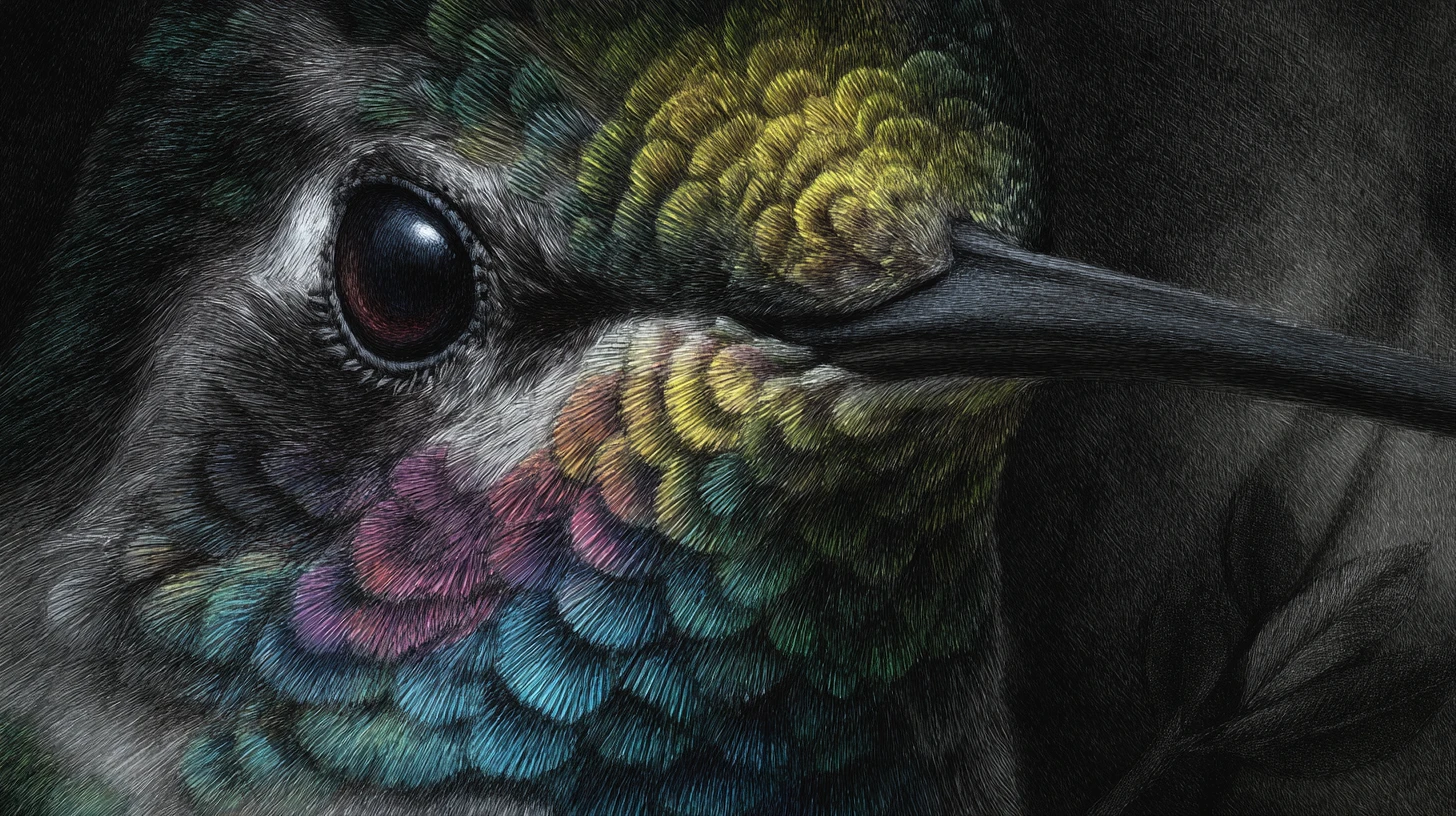 Surreal Charcoal Hummingbird Portrait With Glowing Accents