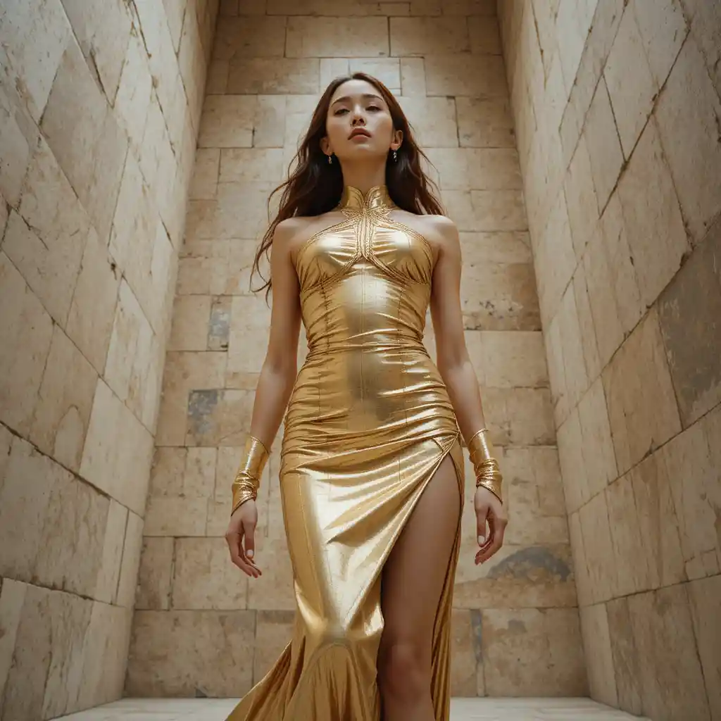 Tall Korean woman in sculptural gold gown in gallery