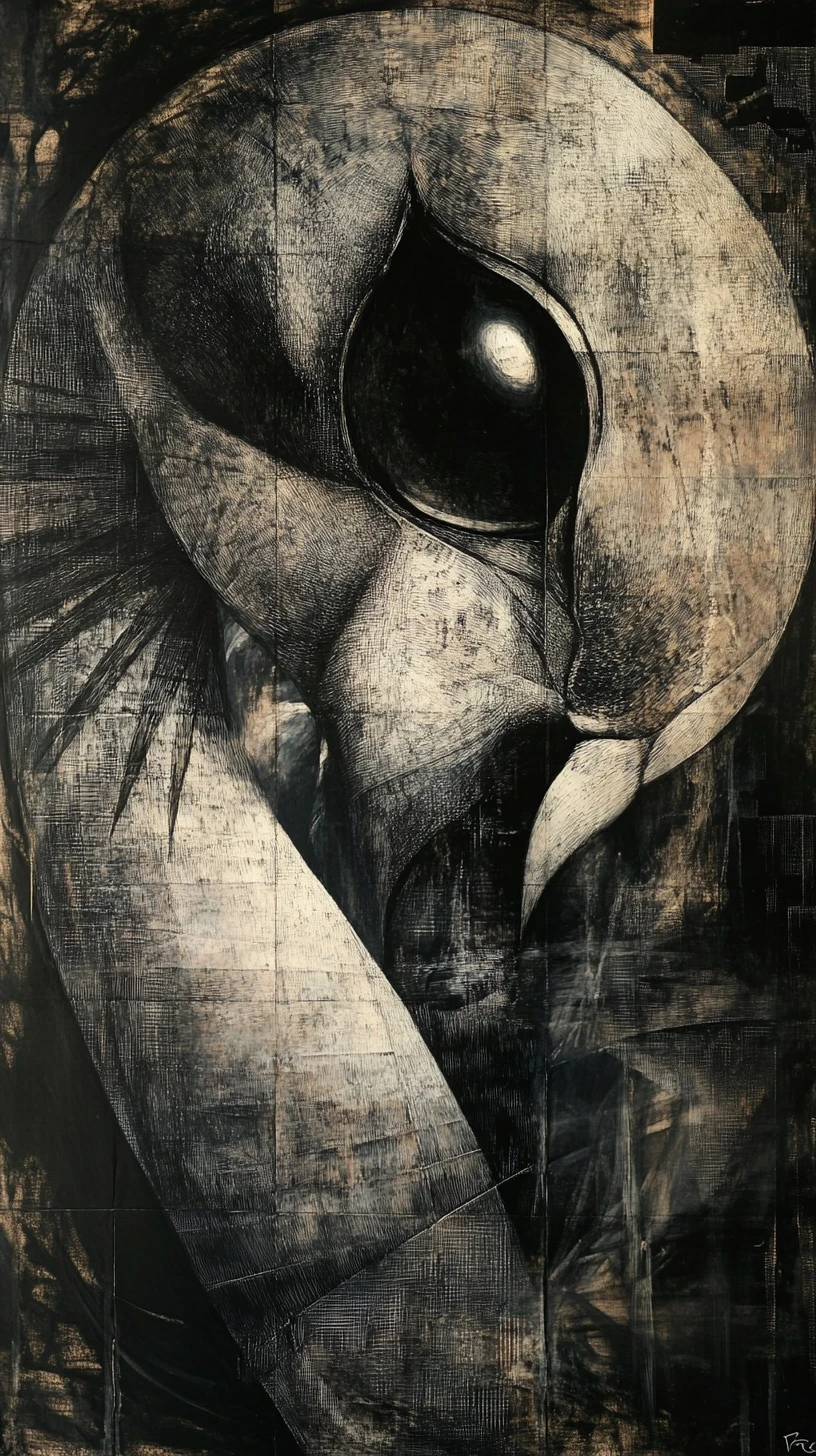 Flamingo surreal em mixed media com olhos abstratos reflexivos