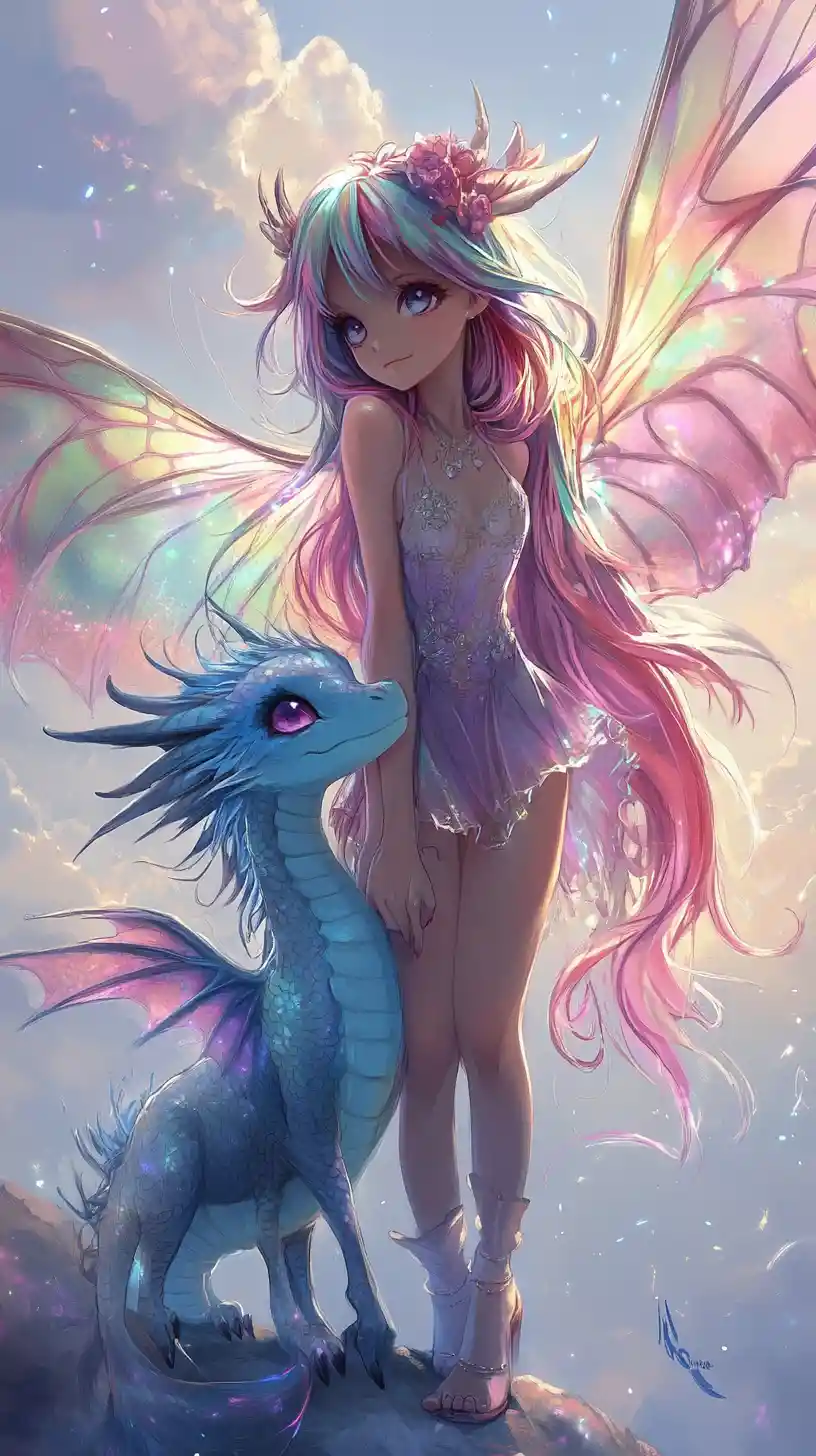 Ragazza fata anime con piccolo drago sotto un cielo da sogno