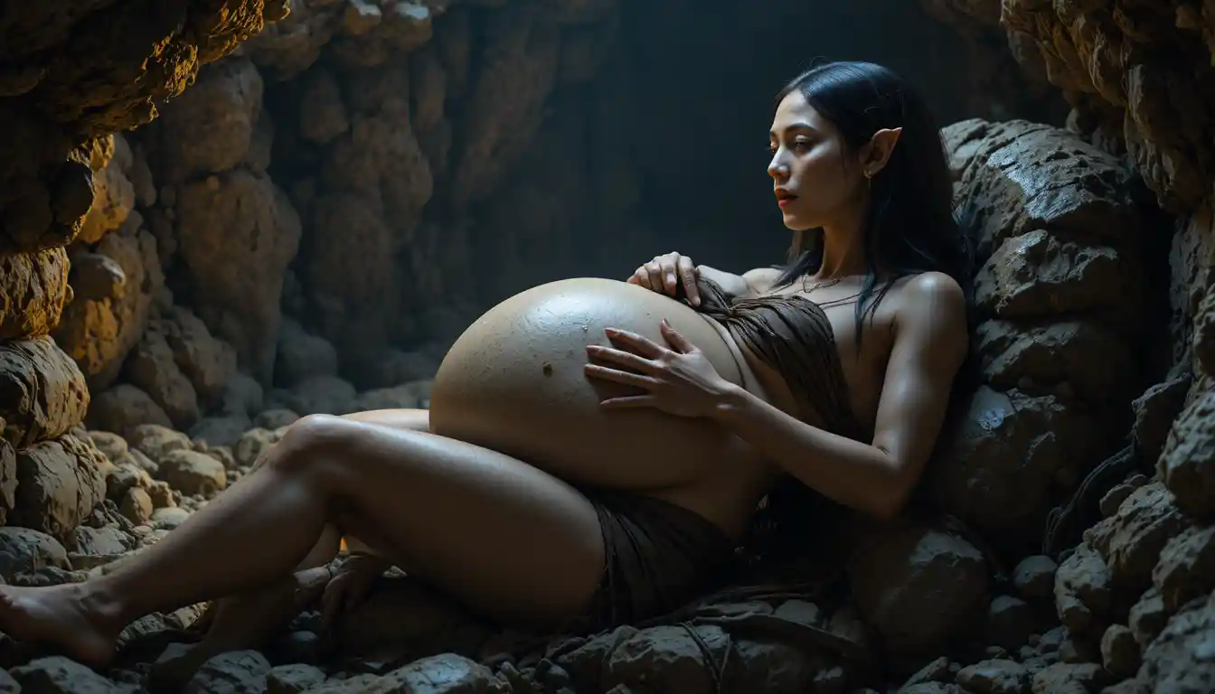 Gaunt female creature reclining in a dark cave