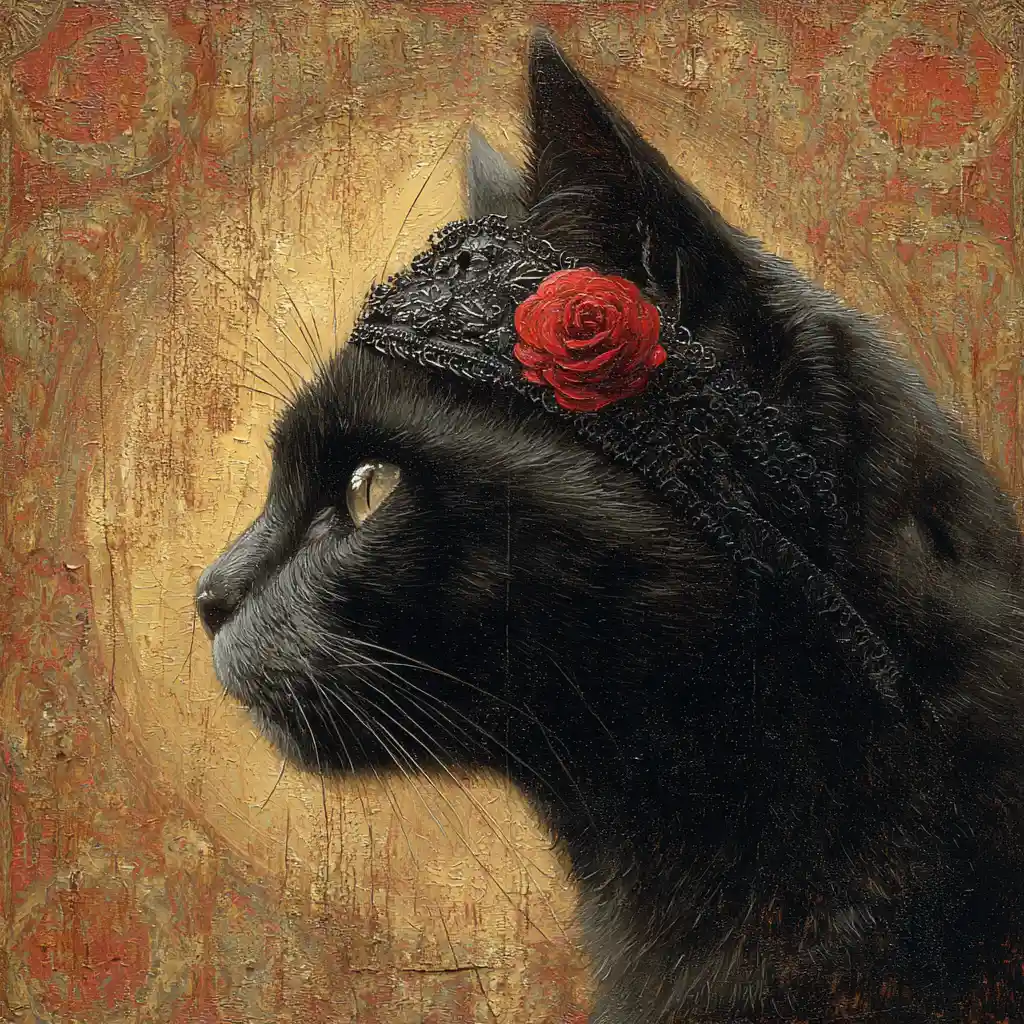 Black cat in profile with ornate rose headband