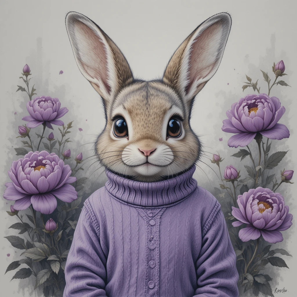 Lapin mignon en pull violet avec fond floral au crayon