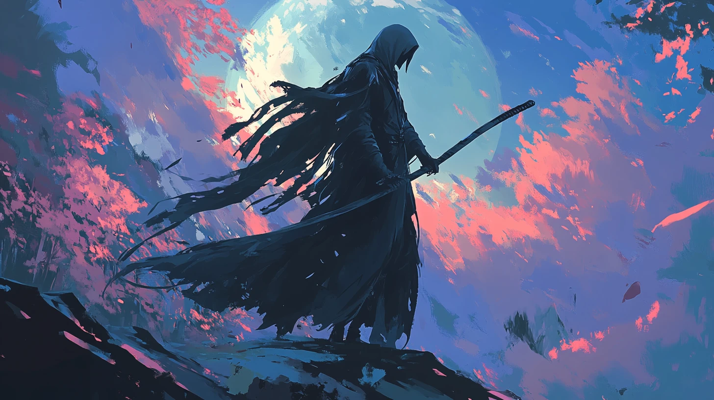 Ceifador em ilustração digital de anime com estilo pictórico dramático