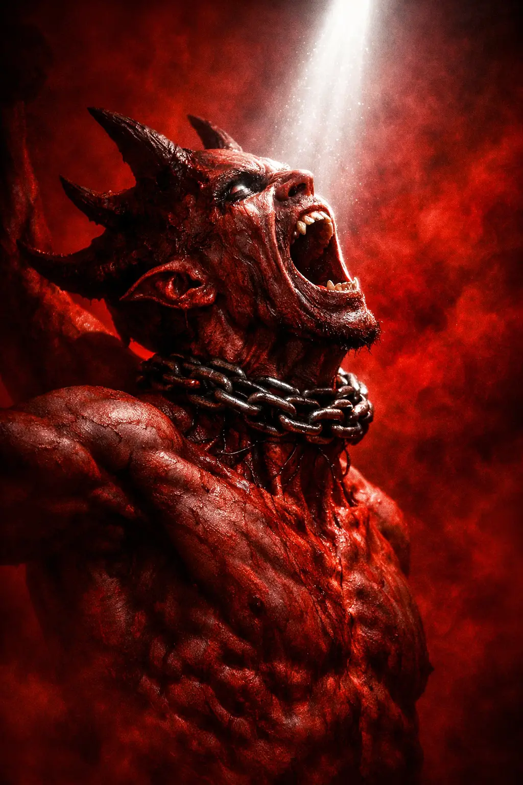 Horned demon screaming in chains under harsh white light