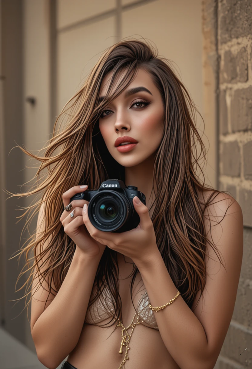 Female photographer holding a Canon EOS R6 mirrorless camera
