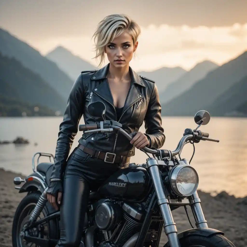 Confident woman leaning on motorcycle by mountain lake