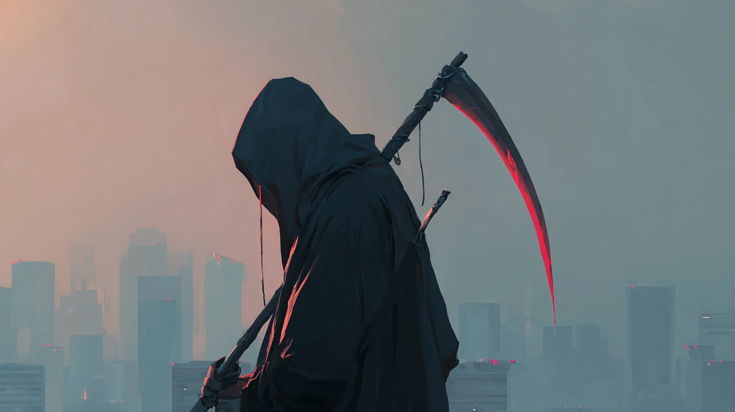 Ceifador em ilustração digital em estilo anime pictórico