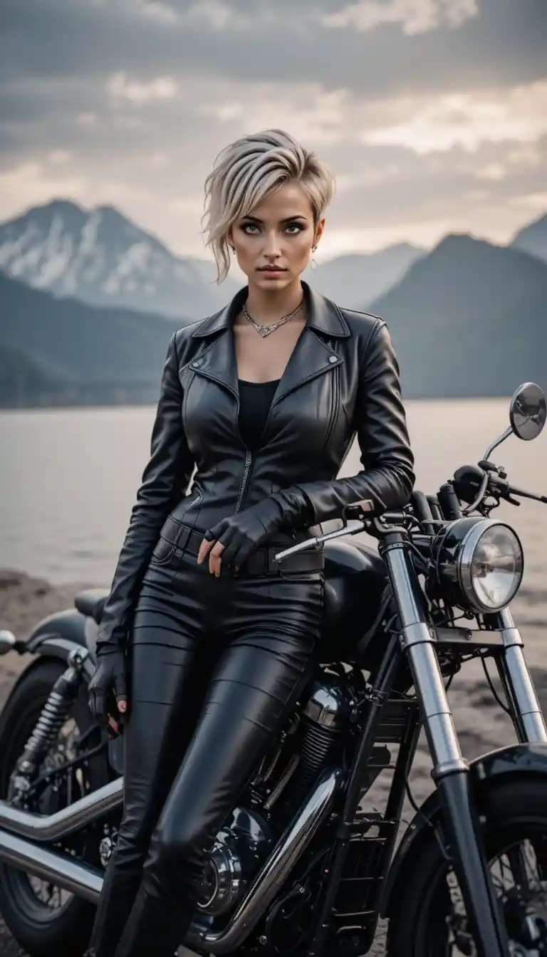 Stilvolle Bikerin posiert mit Motorrad am Bergsee