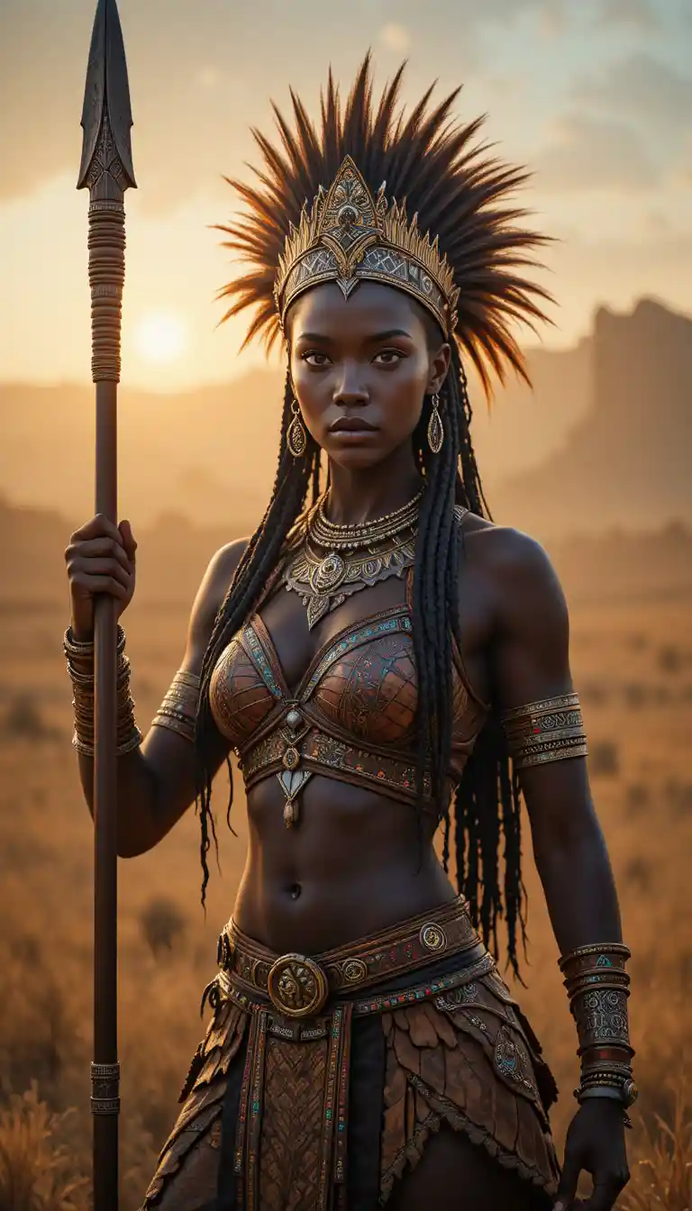 Rainha guerreira africana em pé com lança sob a luz morna do sol