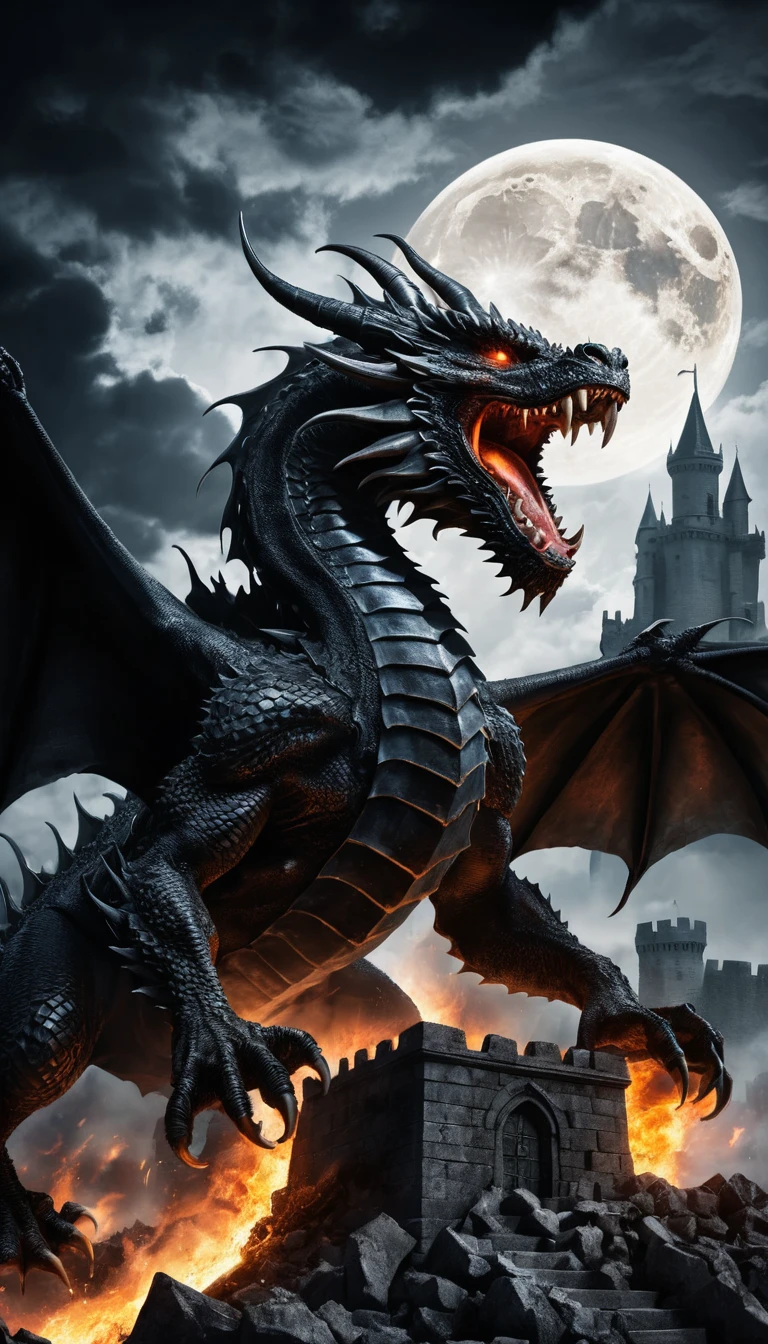 Dragão negro atacando um castelo em ruínas sob a lua cheia