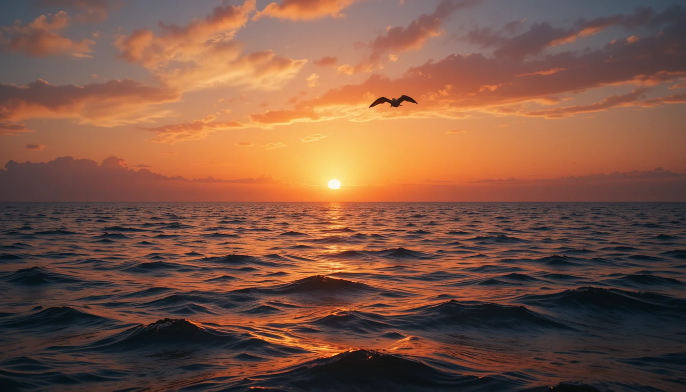 Pôr do sol sereno no mar com ave solitária em voo