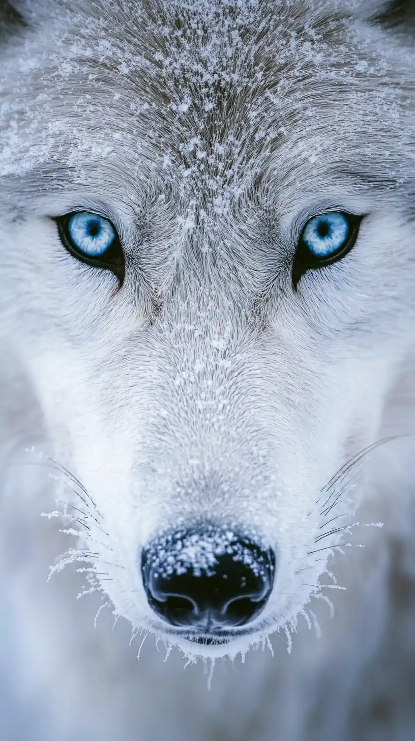Close extremo do rosto de lobo‑ártico coberto de gelo na neve