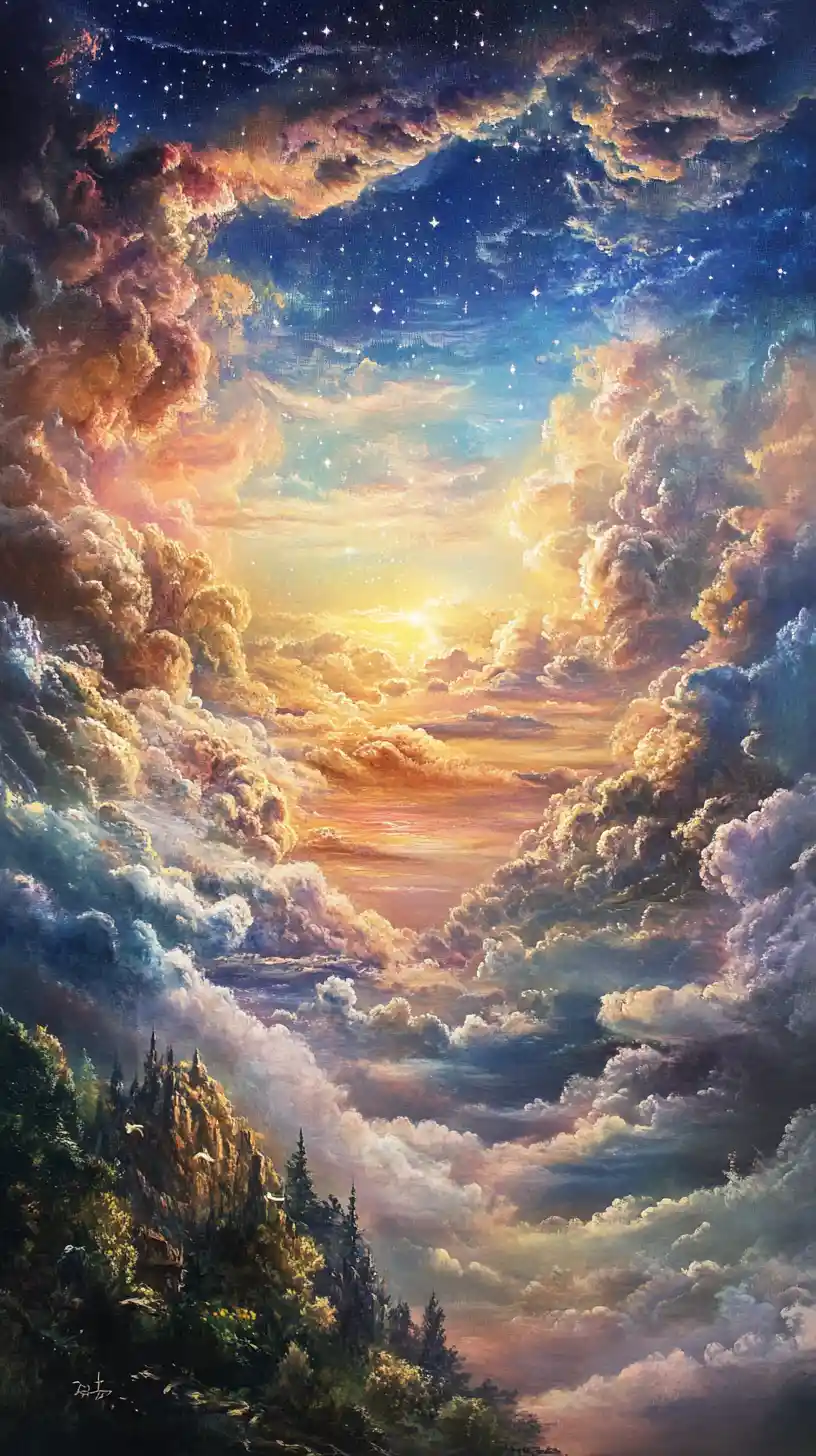 Friedliches Fantasy-Gemälde eines klaren Himmels mit Wolken
