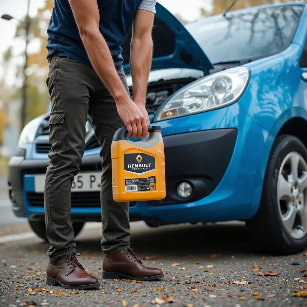 Man holding motor oil can beside blue van with open hood