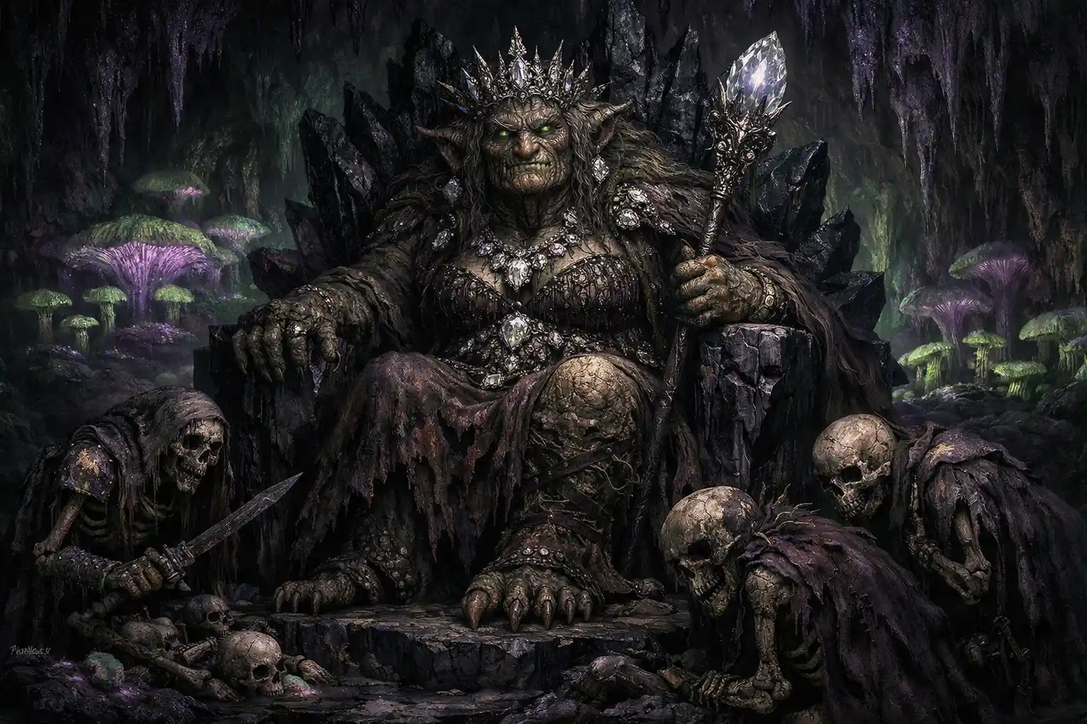 Antiga rainha troll em trono de obsidiana na caverna