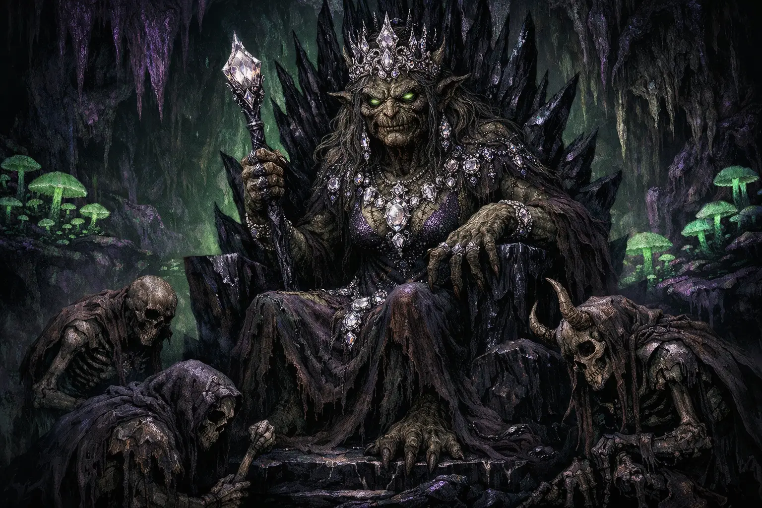 Antiga rainha troll em um trono de obsidiana no subsolo