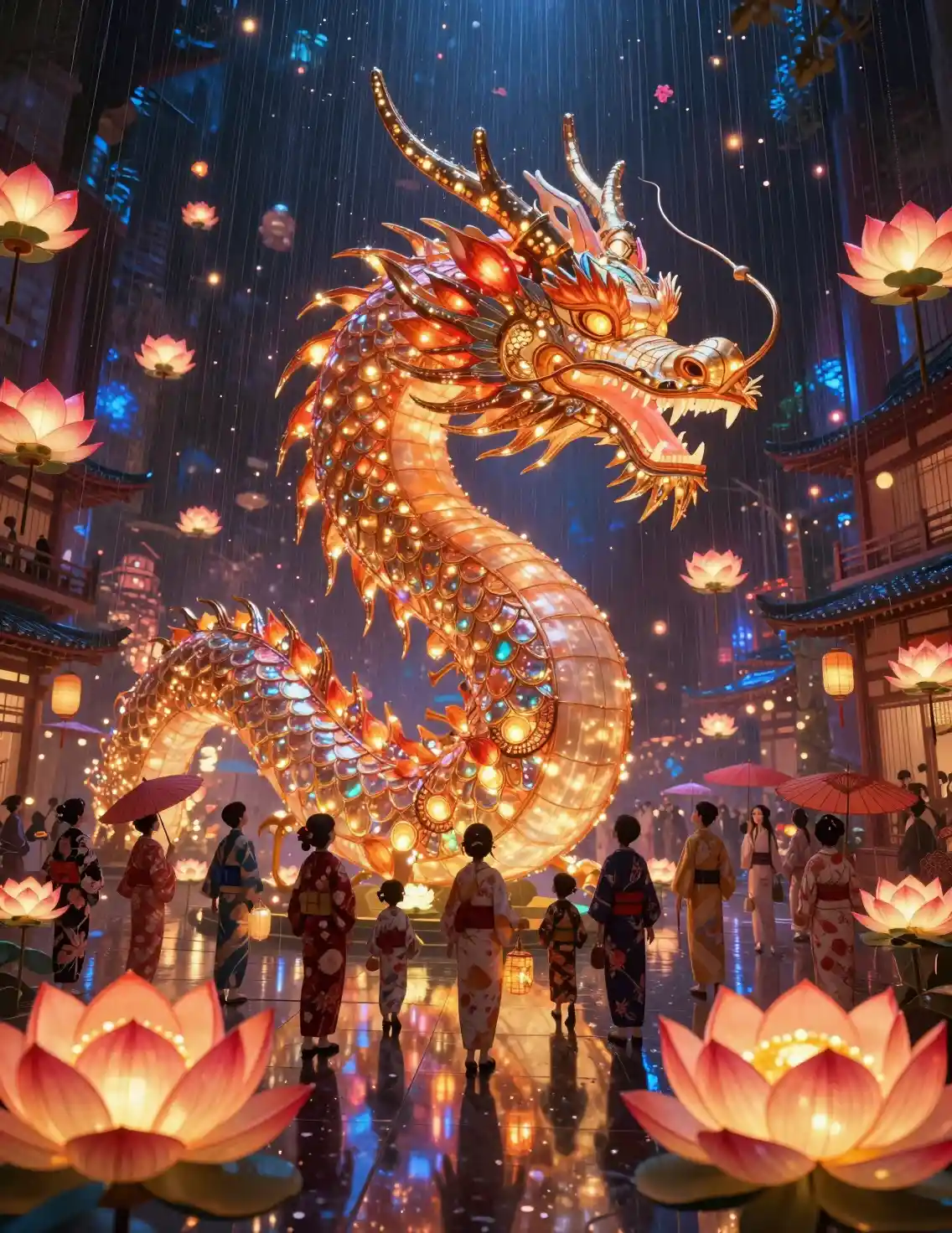 Lantern Lotus Dragon Coiling Through Infinite Festival Space