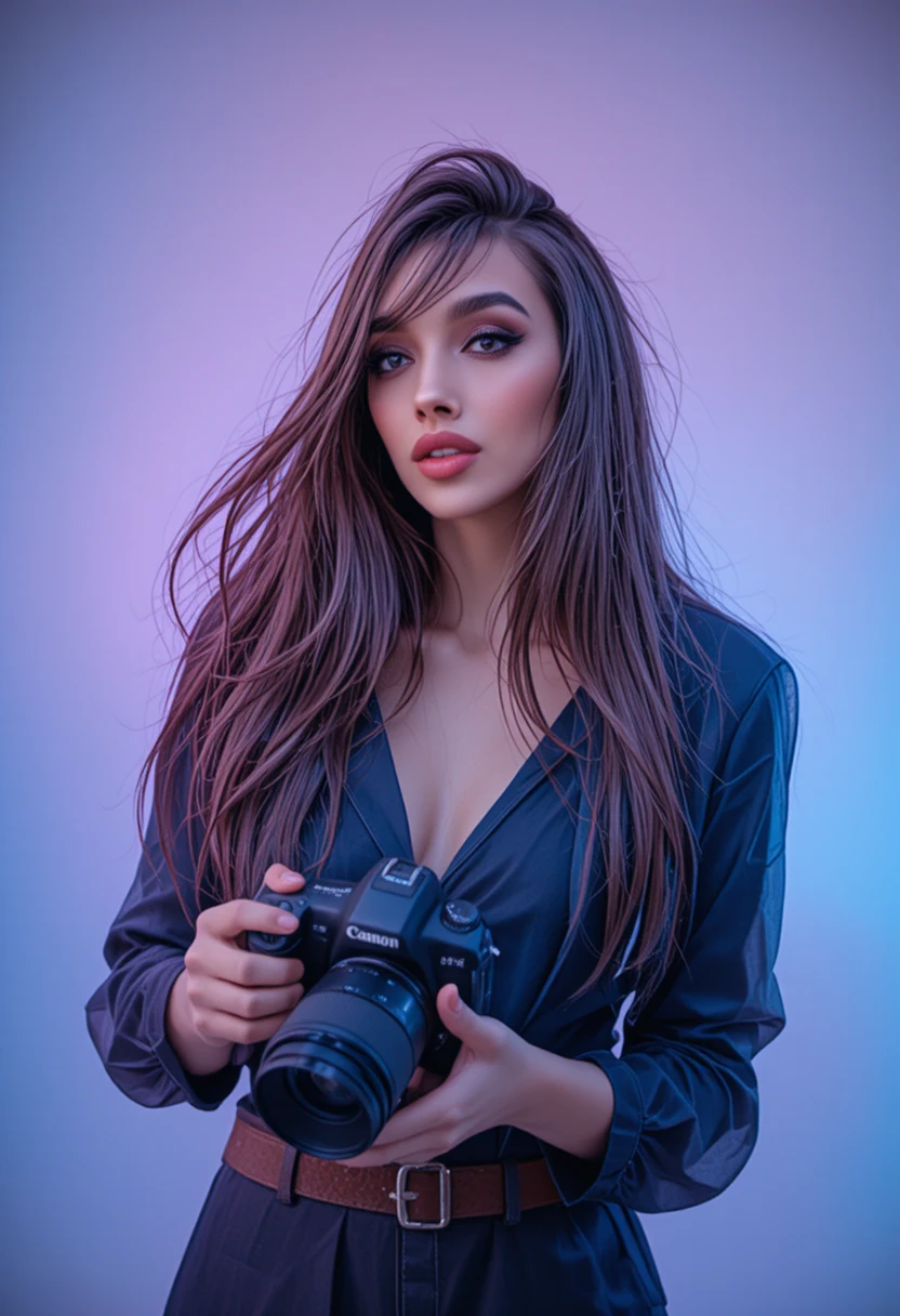 Female photographer holding a Canon mirrorless camera close