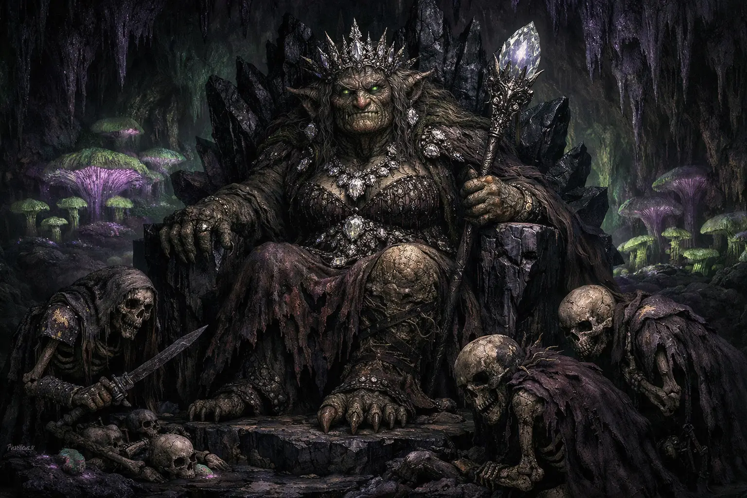 Antiga rainha troll em trono de obsidiana na caverna