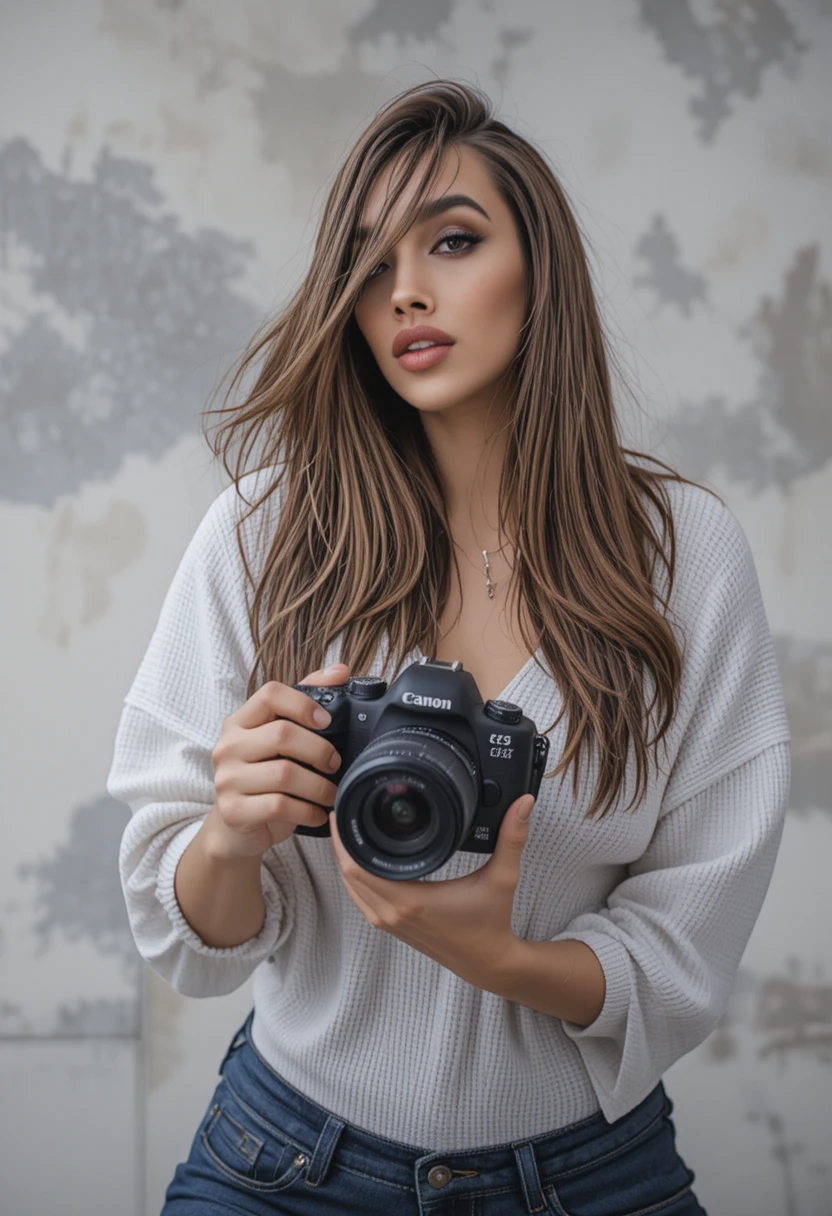 Female photographer holding a Canon mirrorless camera close