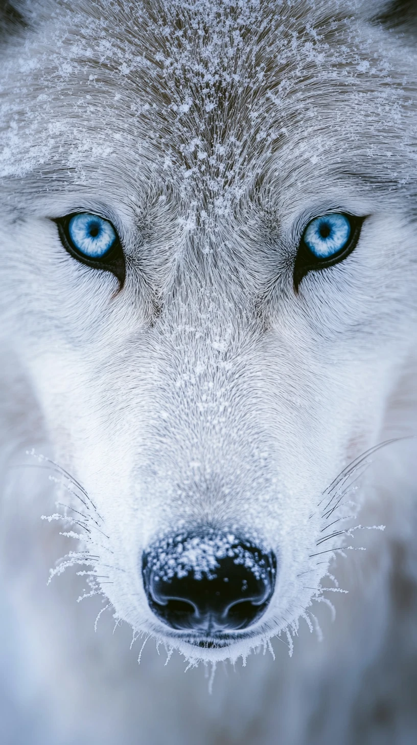 Close extremo do rosto de lobo‑ártico coberto de gelo na neve