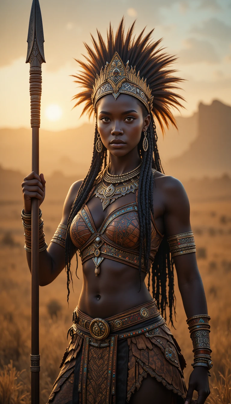 Rainha guerreira africana em pé com lança sob a luz morna do sol
