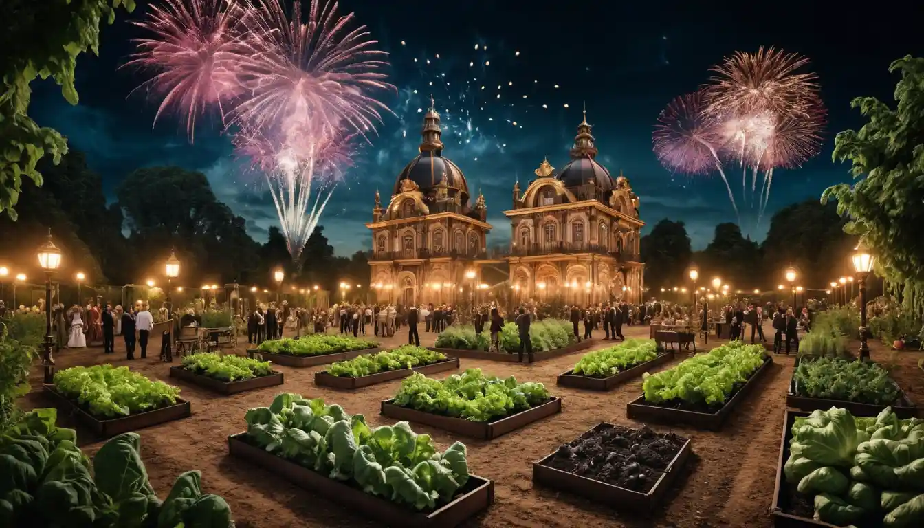 Königliche Figuren in einem barocken Steampunk-Gemüsegarten bei Nacht