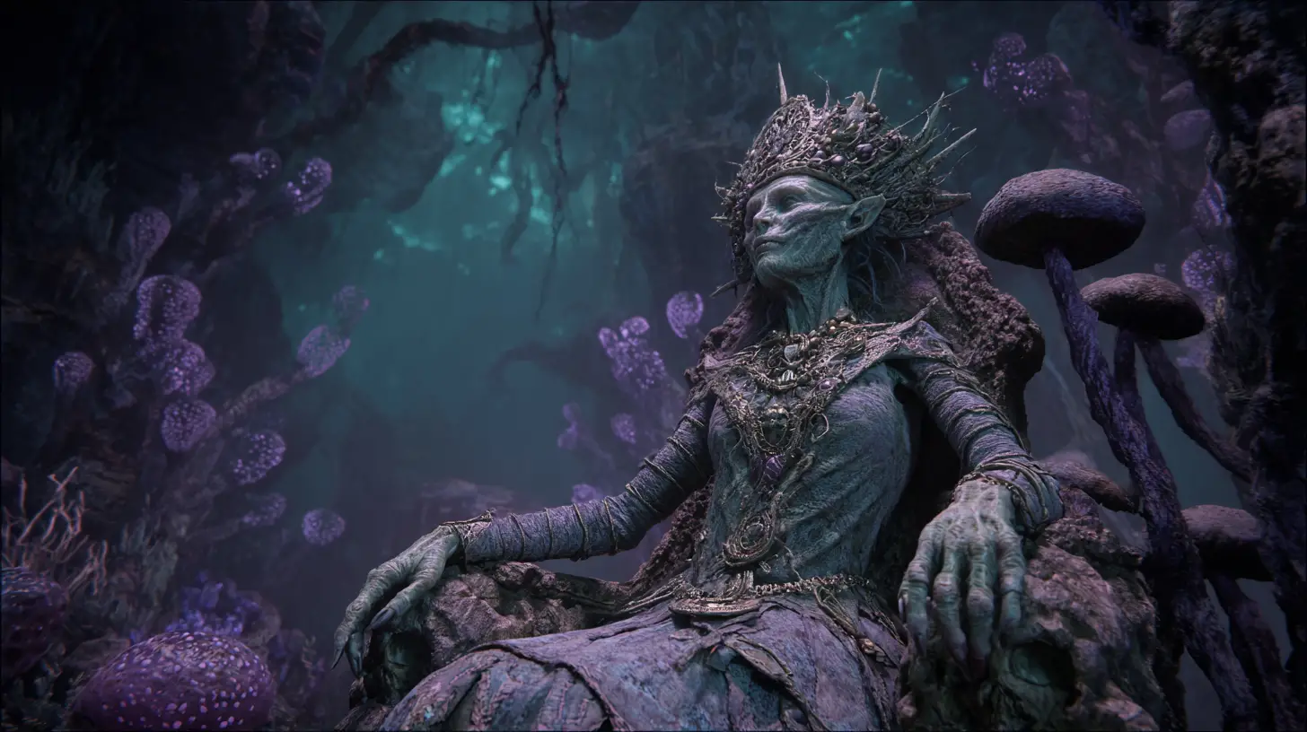 Antiga rainha troll em trono de obsidiana em caverna luminosa