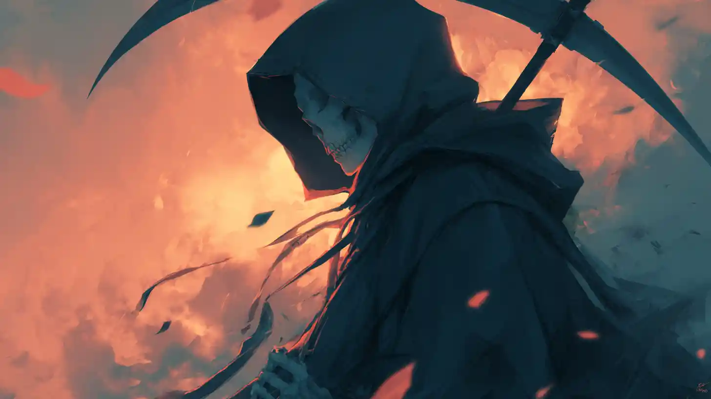 Ceifador em ilustração digital no estilo anime pictórico