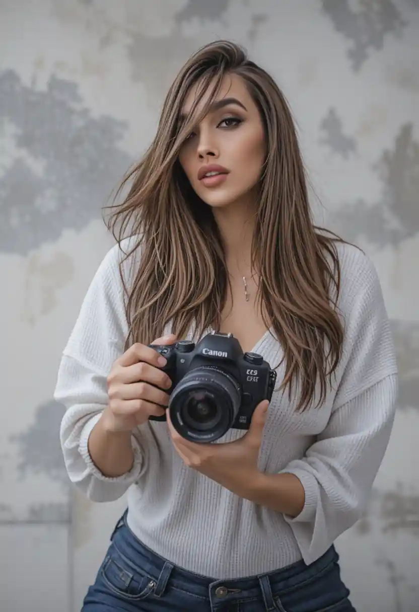 Female photographer holding a Canon mirrorless camera close