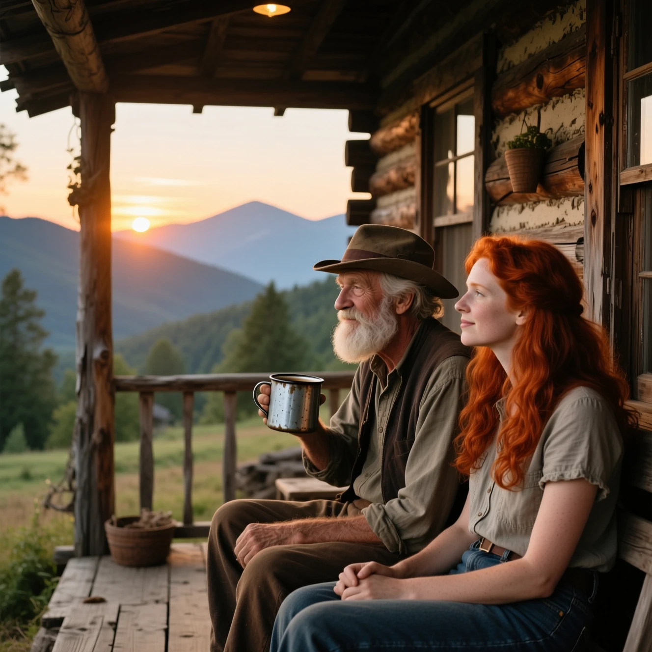 Senhor idoso e ruiva assistindo ao nascer do sol na varanda da cabana
