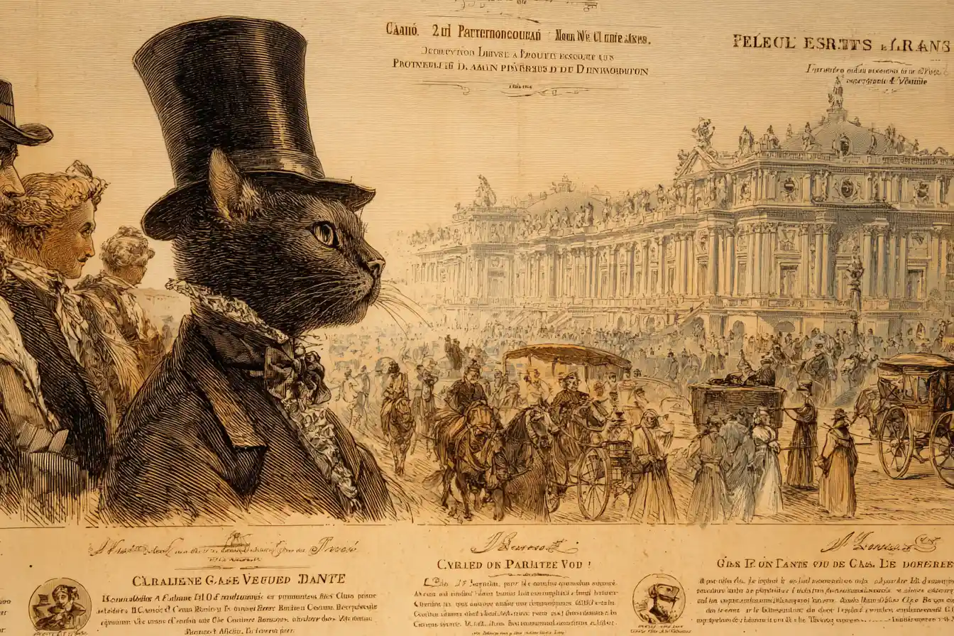 Chat victorien élégant dans une scène bondée au palais de Versailles