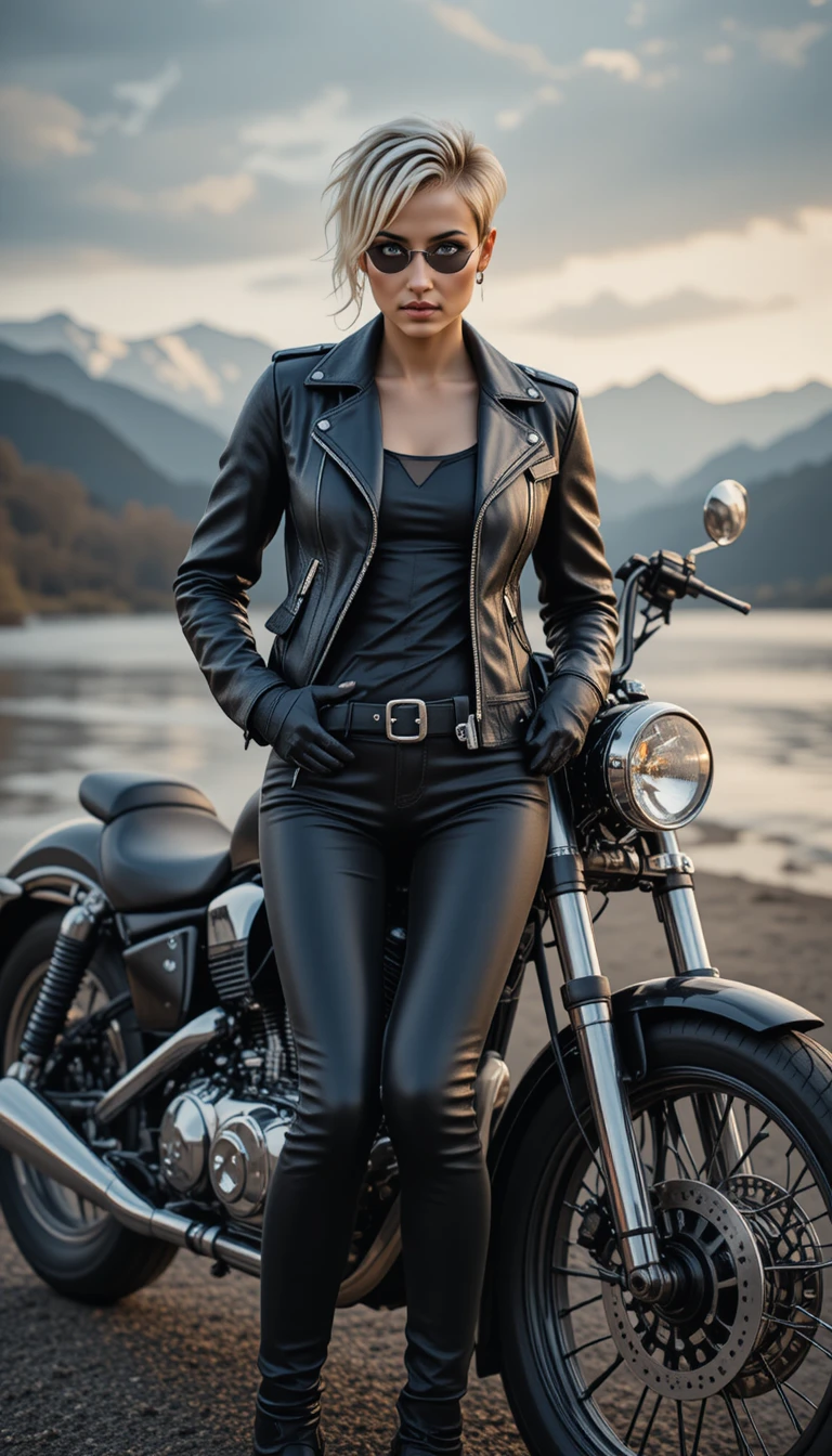 Elegant biker woman leaning on motorcycle by mountain lake