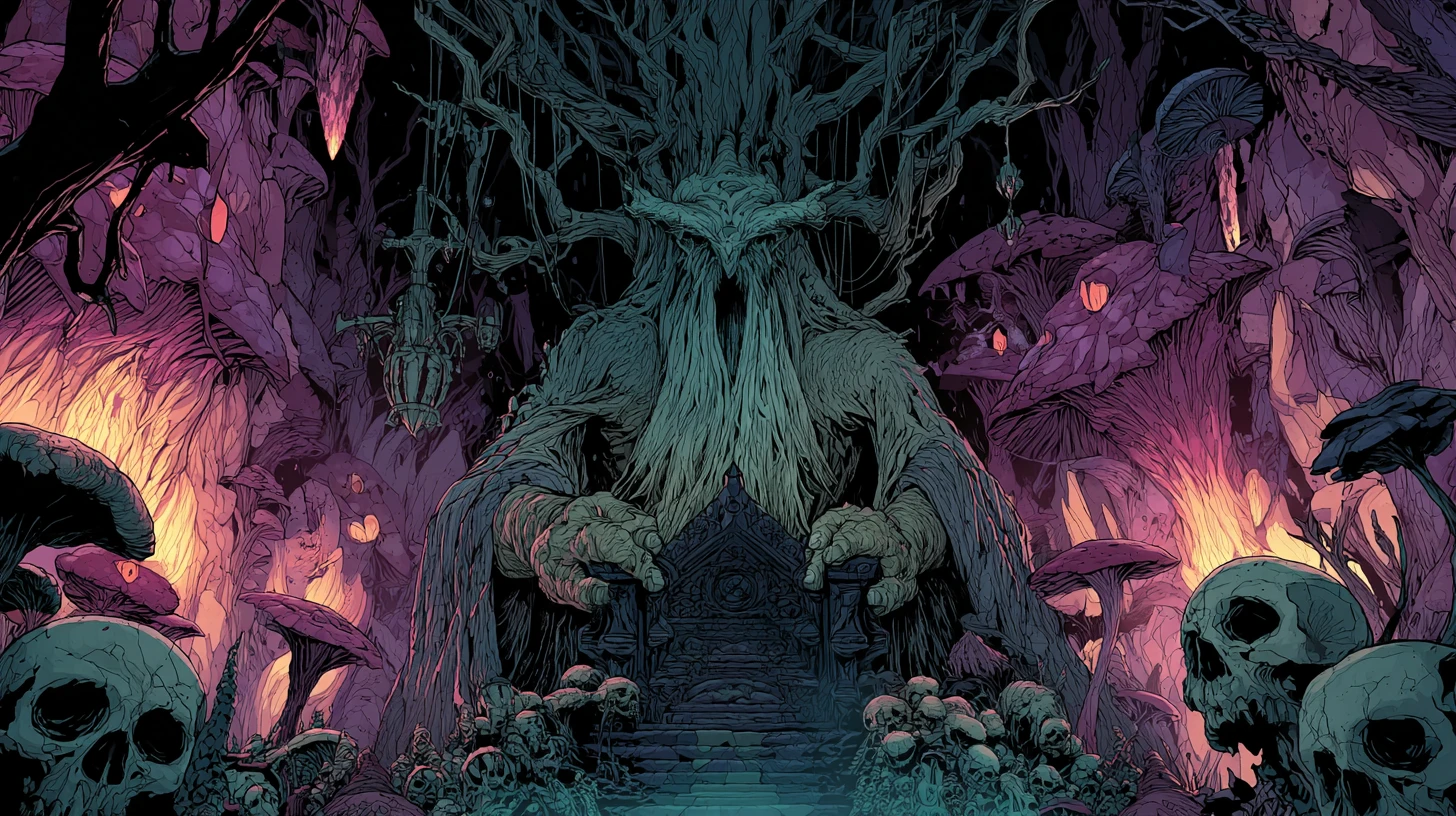 Antiga rainha troll em trono de obsidiana na caverna