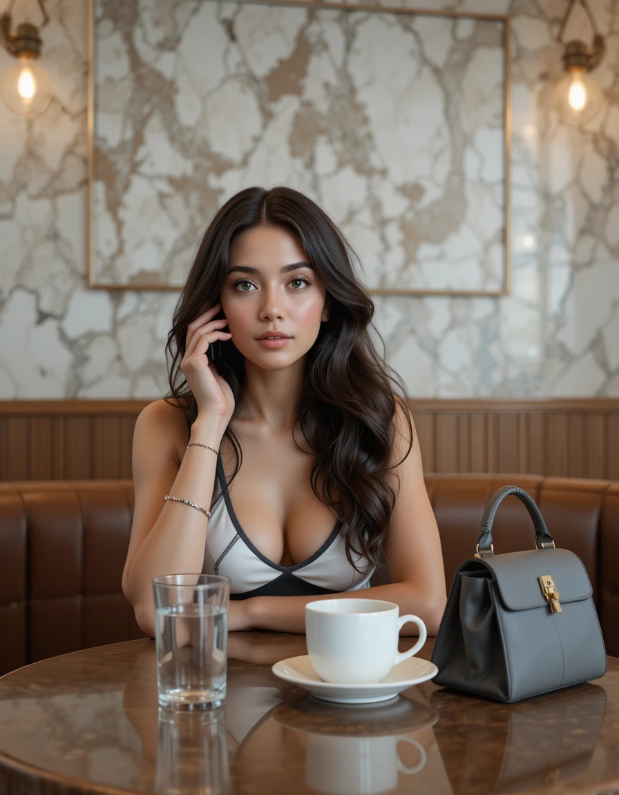 Elegant woman on phone in warm modern coffee shop